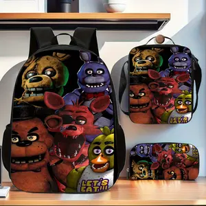 Five Nights at Freddy's Characters 3PCS Backpack Set, Durable 600D Oxford Cloth School Bag with Lunch Box & Pencil Case Combo, Adjustable Breathable Strap, Fits 15in Laptop for Kids Teens School Travel Outdoor