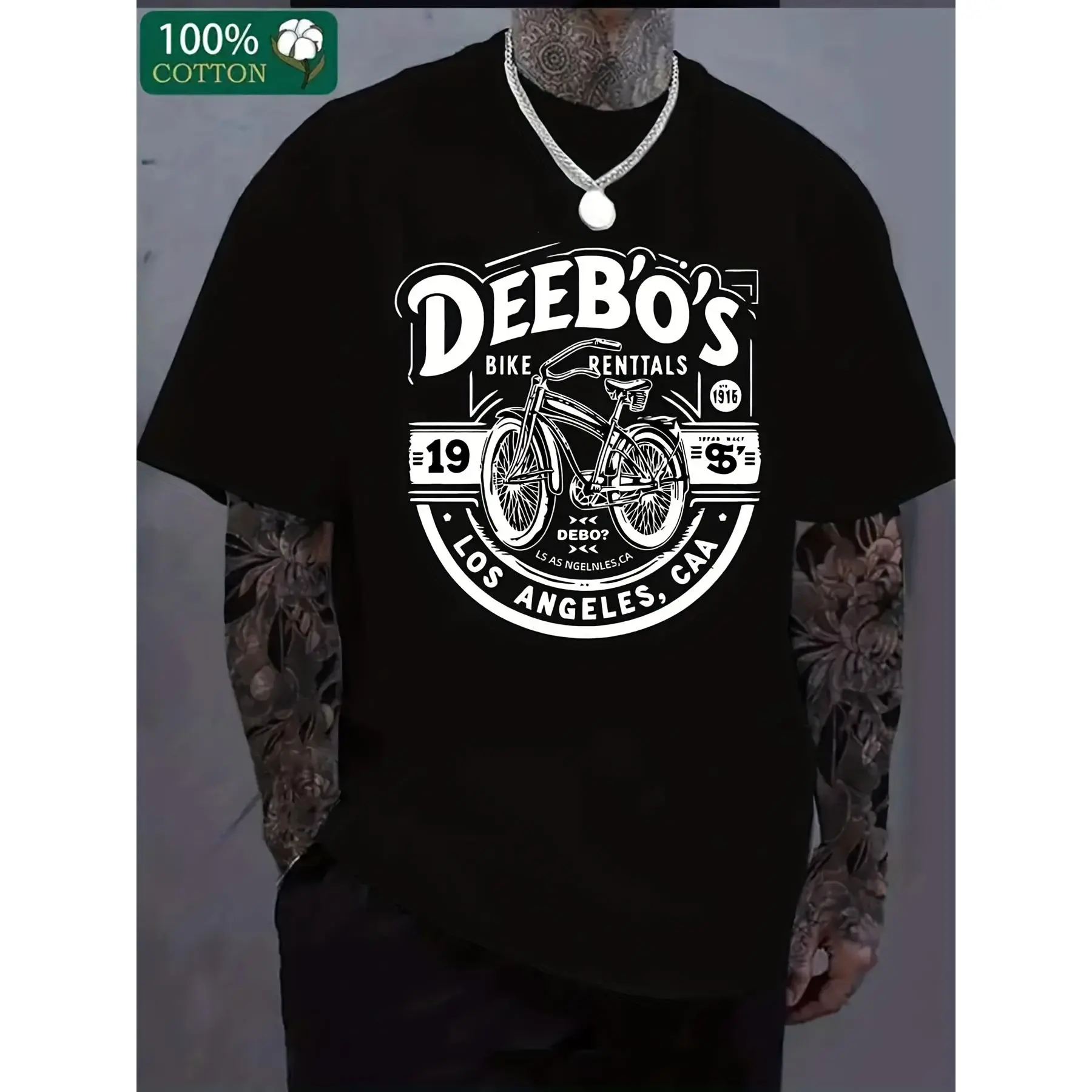 Men's Black Graphic TShirt with Stylish 'DEEBO'S' Bike Rentals Design Unique Summer Casual Tee Featuring Bicycle Illustration and Vintage 19 5 Los Angeles CA Text Ideal for Tattoo Retro Casual Short‑sleeved T‑shirt with a Round Neck