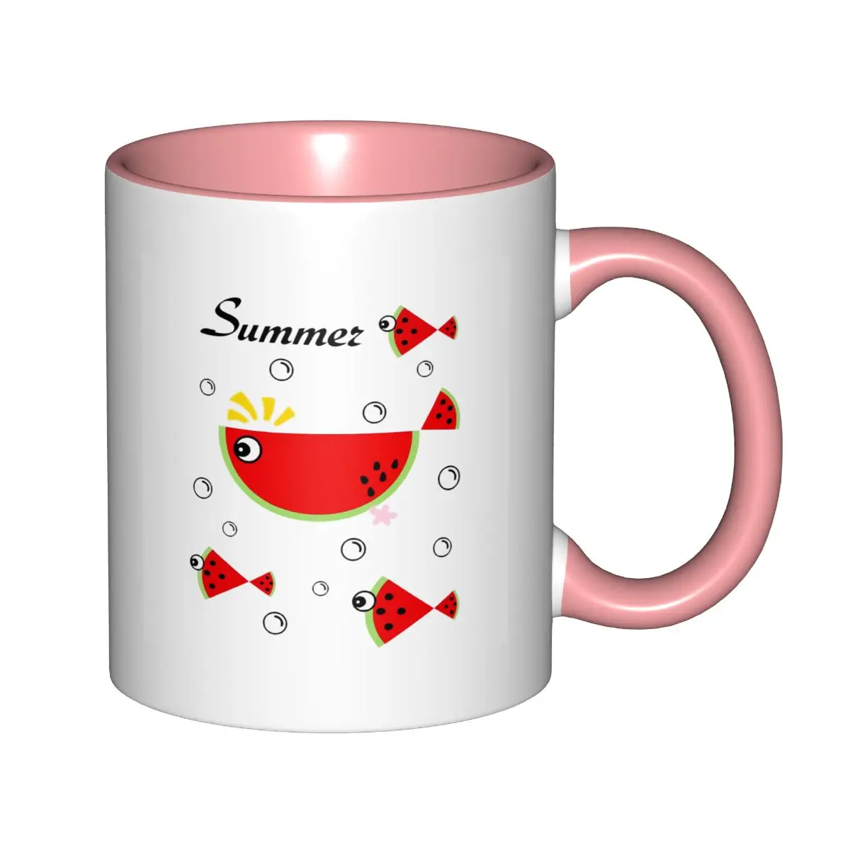 Cute Summer Fruit Fish Ceramic Coffee Mug , Watermelon-Lemon Cartoon Fish Bubble Graphic, 2-Color Interior Cup, Reusable Washable Contemporary Drinkware, Tropical Summer Gift For Women#SummerMug#TropicalGif, Classic Cylindrical