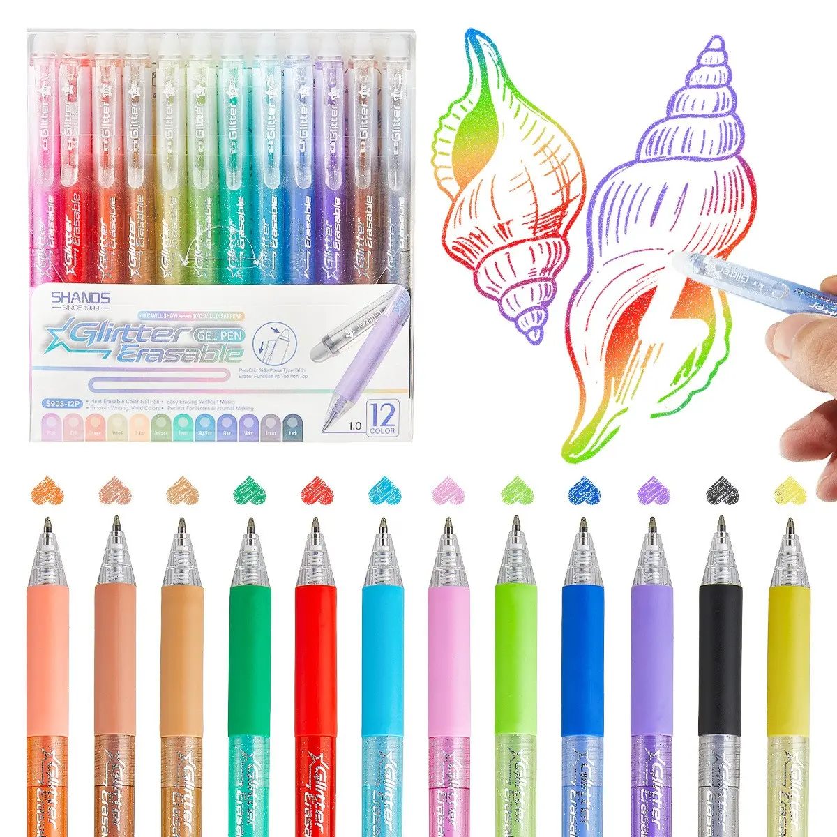 Upgraded Glitter Erasable Gel Pens Set, 12 Colors, 0.7mm Retractable Colored Pens with Eraser Tip and Clear Glitter Barrel, for School Notes, Journaling, Drawing, Card Making and Office Writing
