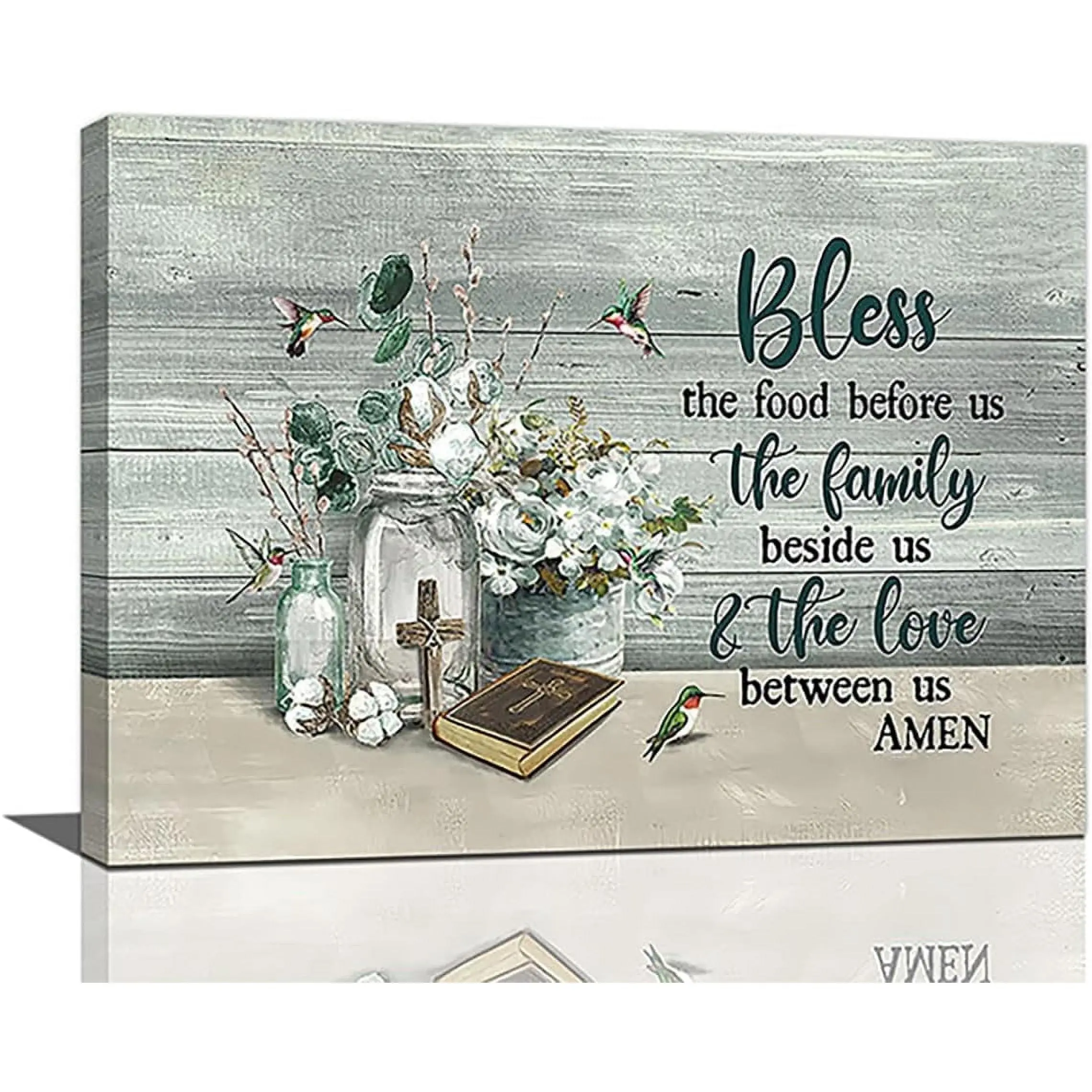 Christian Cotton Wall Art Rustic Floral Wall Decor Religious Scripture Canvas Painting Farmhouse Framed Artwork for Kitchen Living Room 16"x12"