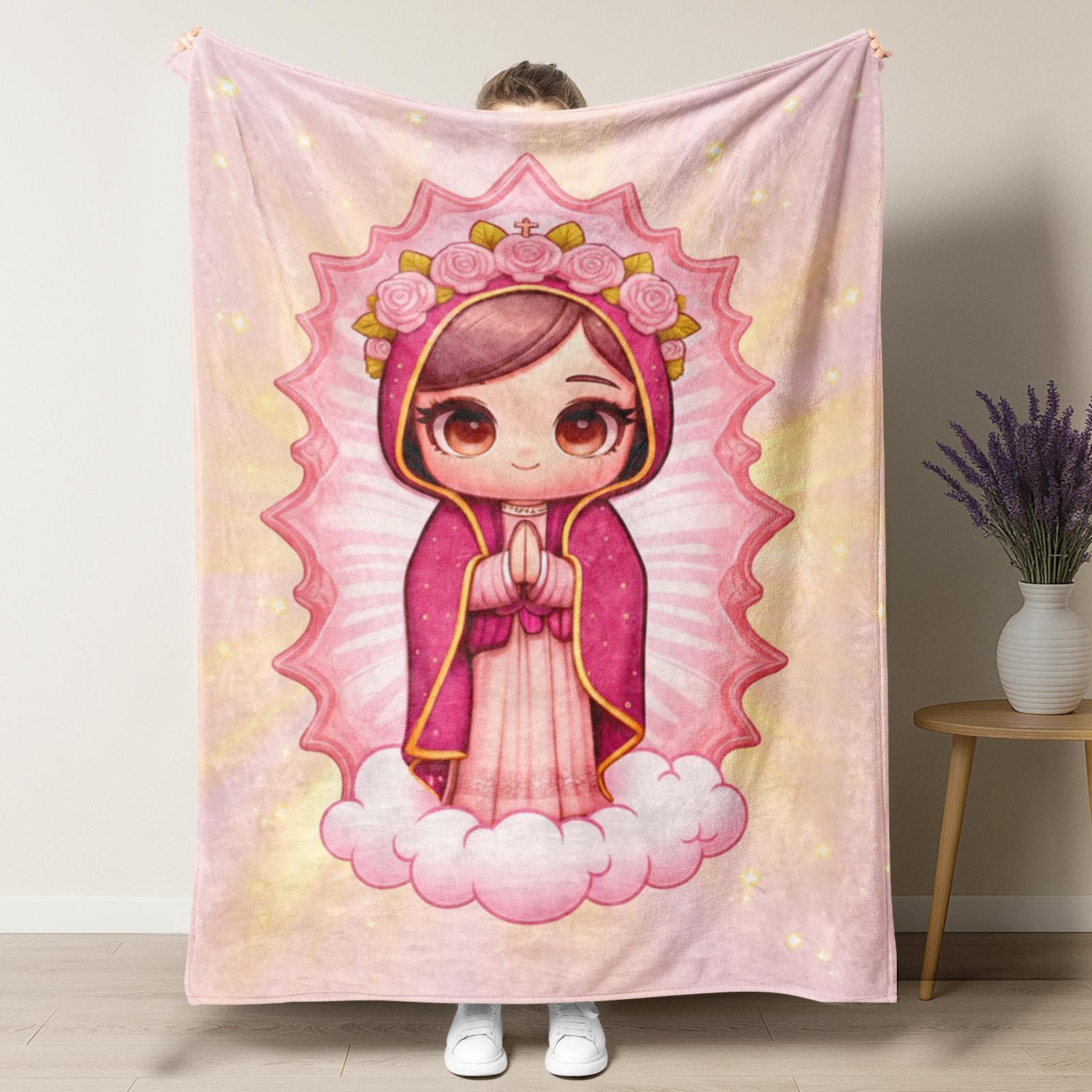 Virgin Mary Cute Pink Pattern Throw Blanket with Guadalupe Roses Catholic Gift for Girls Coquette Aesthetic Room Decor Soft Warm Nap Blanket for Home Office Travel