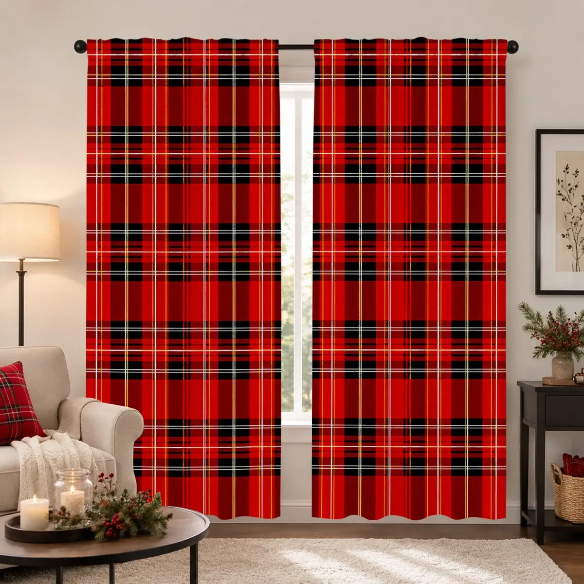 Set of 2, polyester material, red and black plaid print, light-filtering curtains; suitable for bedrooms, living rooms, offices, and home décor; rod pocket design for rod installation.