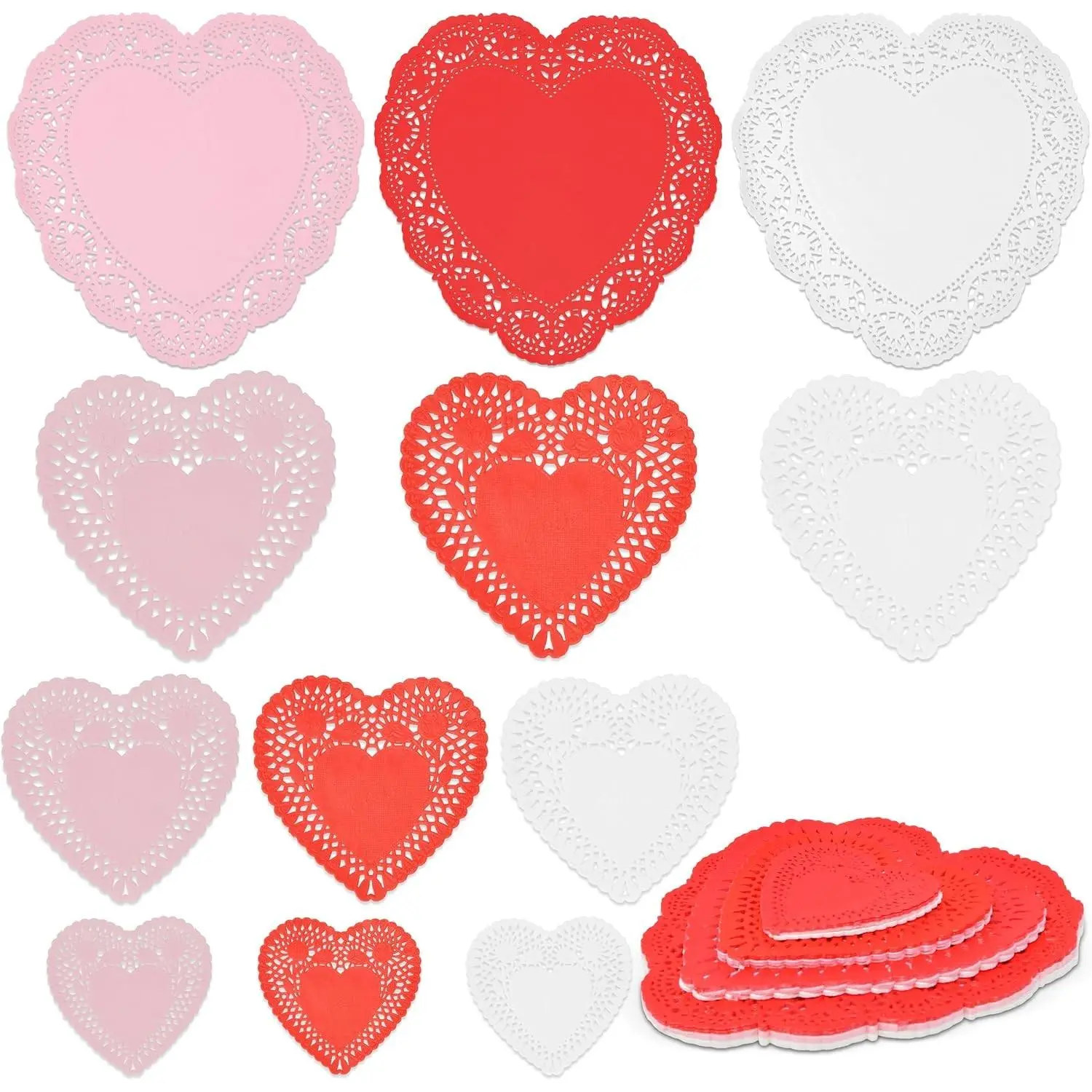 300 Pcs Valentine Heart Doilies Set, Heart Shaped Paper Doily Crafts Red Pink White Lace Cutouts for Valentine's Day Wedding Party Decoration