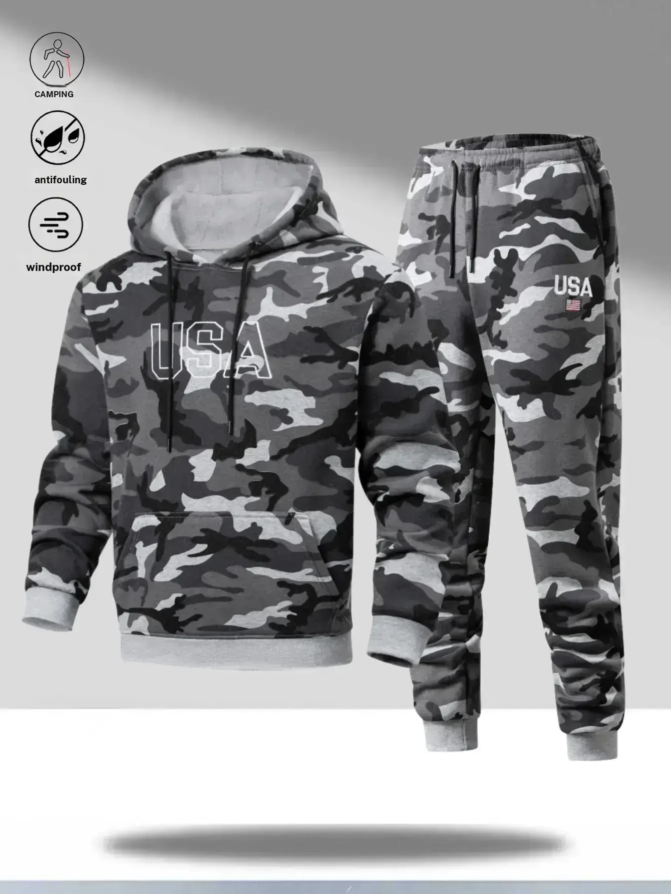 Men's 2-Piece Camouflage Hoodie Menswear Set, Long Sleeve Outdoor Casual Outfit with Adjustable Head Drawstring, USA Letter Print, Large Jacket Pocket, Matching Top & Ankle Length Pants