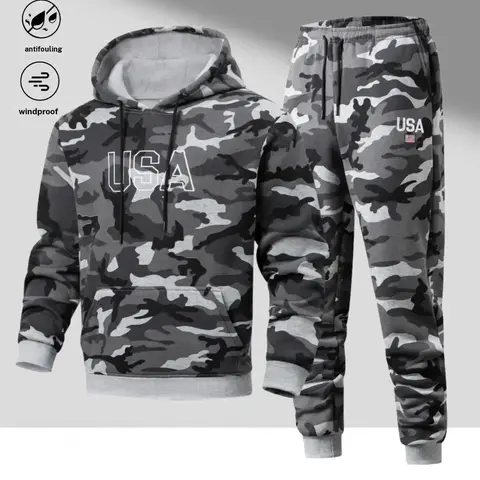 Men's 2-Piece Camouflage Hoodie/Jumper & Pants Outerwear Set - Long Sleeve Polyester Knitting Casual Wear, Hooded Neck, Adjustable Drawstring, USA Letter Print, Large Pocket, Ankle-Length Pants, Match-Set Style, Normal Type, Fitted Cut, Machine Washable
