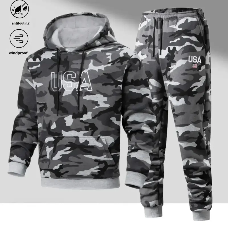 Men's 2-Piece Camouflage Hoodie/Jumper & Pants Outerwear Set - Long Sleeve Polyester Knitting Casual Wear, Hooded Neck, Adjustable Drawstring, USA Letter Print, Large Pocket, Ankle-Length Pants, Match-Set Style, Normal Type, Fitted Cut, Machine Washable