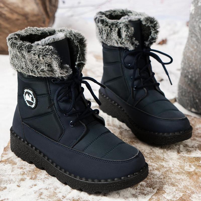 Women's Snow Boots Insulated Waterproof Winter Boots for Women Warm Fur Lined Booties High-heeled Snow Boots Lace-Up Mid-Calf Design Faux Fur Cozy Warm Black