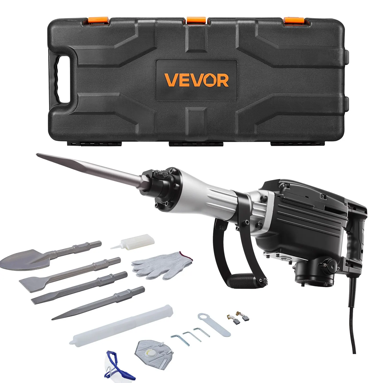 【toolupgrade】VEVOR Demolition Jack Hammer, 2800 W Powerful Electric Jackhammer, 1200 BPM Concrete Breaker with 3 Chisels, a Clay Spade, Carrying Case, Gloves, for Concrete, Wall, Brick, Tile and Foundation