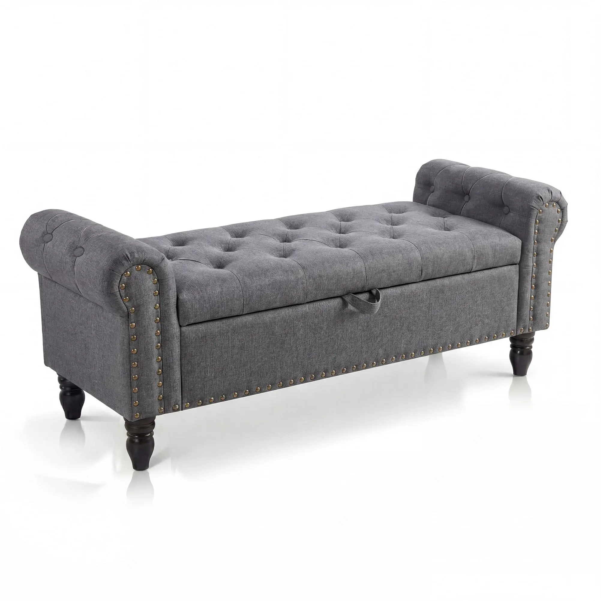51in Rectangular Upholstered Storage Ottoman Bench - Linen Fabric, Button Tufted, Rolled Arms, Safety Hinge, Modern Furniture for Bedroom, Entryway, Modern Home Decor