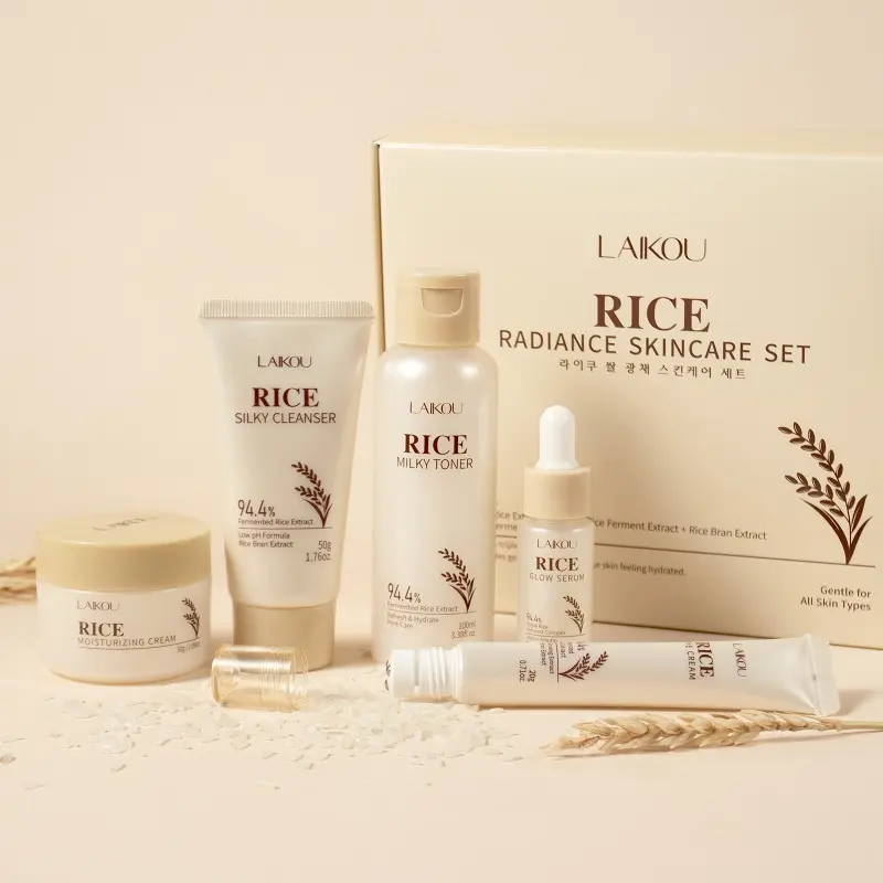 Laikou 5-piece rice skin care set, Hydration Care Set, skin care kit formulated with rice extract, including facial cleanser, toner, essence and eye cream, complete facial care skincare products, Glowing Skin Kit