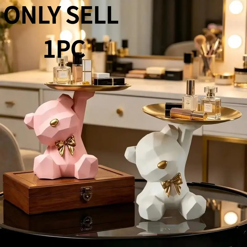 Geometric Bear Tray Decor, 1pc Bow Resin Bear Storage Statue, Vanity/dentry Key/cosmetic Organizer, Home Decoration, Decorative Resin Figurine Statue, Resin Animal Figurines, Resin Animal Ornaments