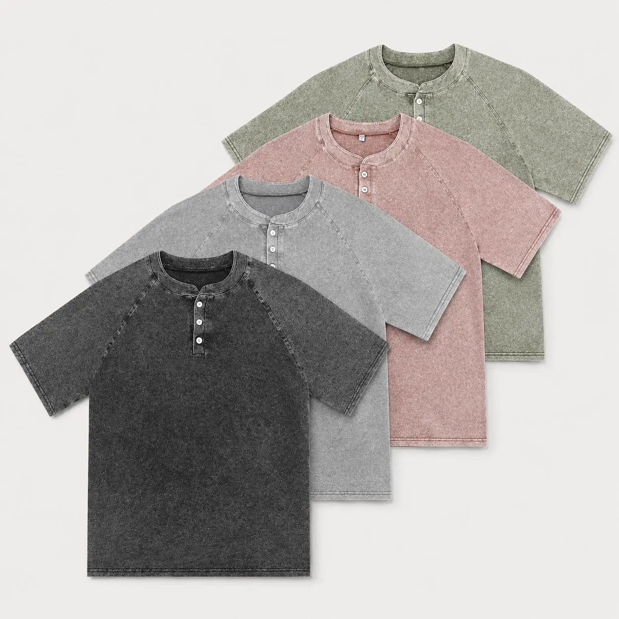 4pcs Unisex Acid Wash Henley Shirt Vintage Washed Short Sleeve Three Button Crew Neck Raglan Sleeve Oversized Loose Fit T Shirt Casual Plain Basic Tee Men Women Streetwear Pullover Summer Top
