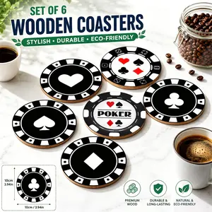 6PCS Poker Wooden Coasters | Casino Card Suit Design | Spade Heart Diamond Club | Game Night Party Decor | Man Cave Bar Mat | Eco Wood Heat Resistant 🃏