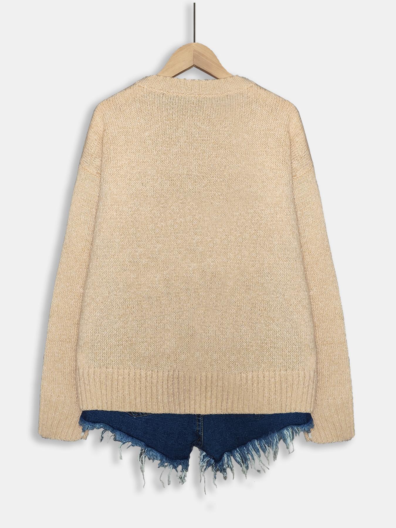 Women's Rabbit Print Drop Shoulder Crew Neck Sweater, Casual Chic Long Sleeve Round Neck Jumper for Fall & Winter, Fashion Ladies' Knitwear for Daily Wear, Women's Clothing, Sweaters for Women, Cute Tops, Knit Pullover Tops