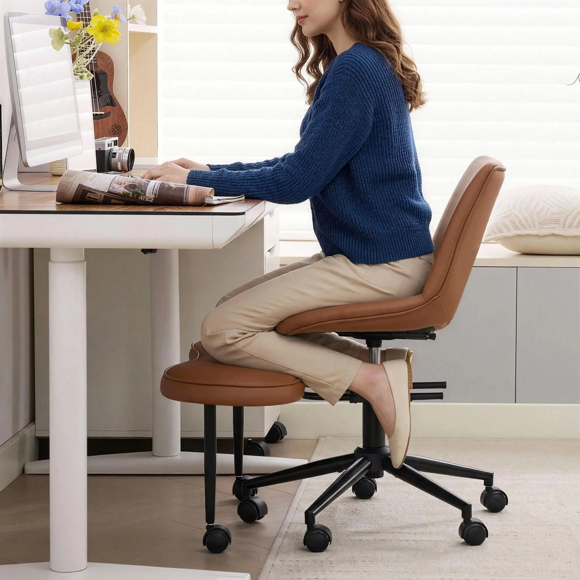 Ergonomic Kneeling Chair, Cross Legged Office Chair with Wheels & Lumbar Support, Adjustable Height Kneeling Desk Chairs for Meditation, ADHD & Yoga Wide Criss Cross Chair with Wheels