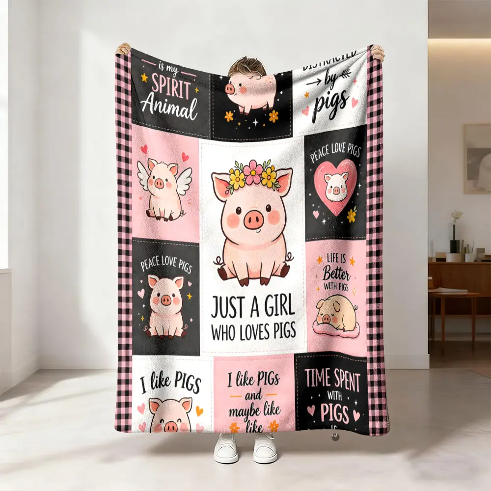 A digital-printed flannel blanket featuring a girl who loves pigs. It's soft, warm, and versatile, suitable for sofa bed covers, office nap blankets, outdoor camping blankets, and all-season gifts.