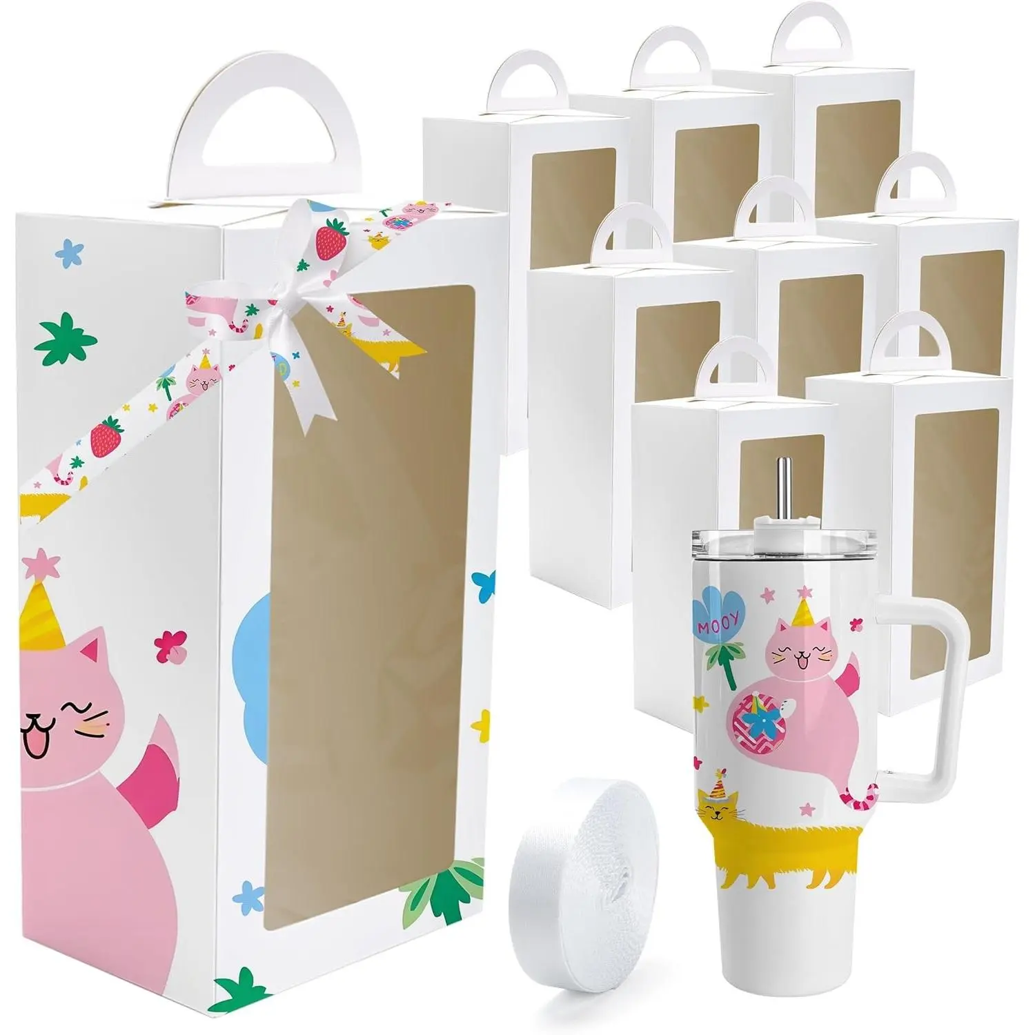 8 Pack White Gift Boxes with Ribbon for 40oz Tumblers with Handle Sublimation Ribbon Graffitiable Gift Box for Bridesmaid Gifts Mother's Day Easter Weddings DIY Decor
