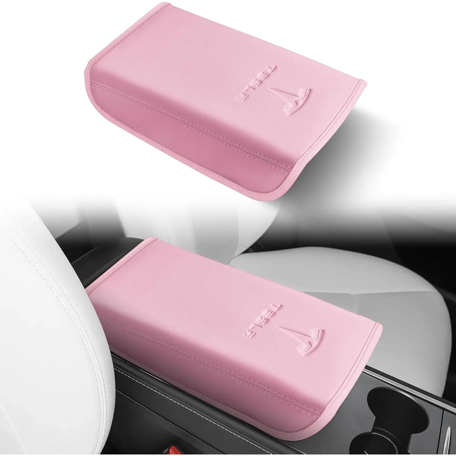 Center Console Leather Armrest Cover Designed for Tesla Model 3 2017-2023/Model Y 2020-2025,Center Console Accessories for Tesla Model 3/Y Interior Light Pink