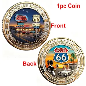 American Highway 66 Coin, Free Road Trip 2D Color Print Challenge Coin, Vintage Car Restaurant Collectible, Holiday Gift for Family and Friends