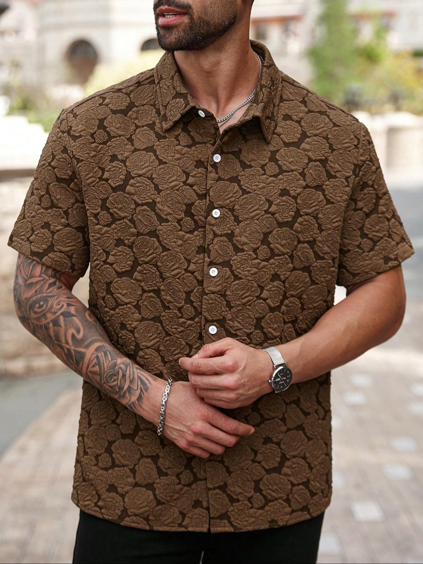 Men's Rose Print Short Sleeve Shirt, Casual Button Collared Loose Casual Soft Comfy Button Up Top for Summer, Men's Clothes for Daily Wear, Casual Menswear