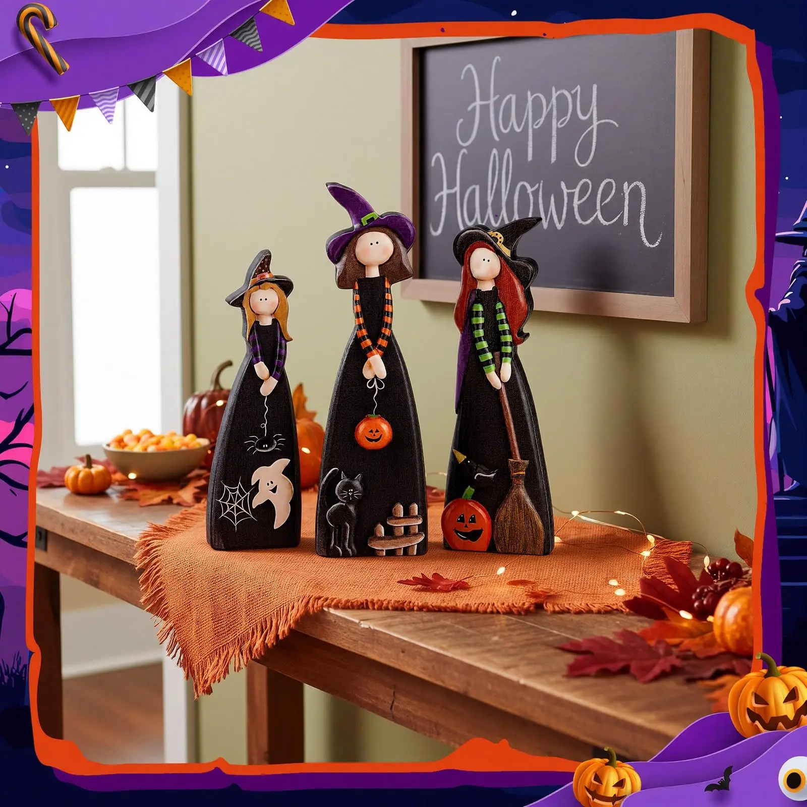 3 Piece Vintage Halloween Witch Desktop Decor Set, Flat Cut Witch Silhouette Signs, Ghost Spider Web Cat Pumpkin Crow Patterns, Fall Festival Gift