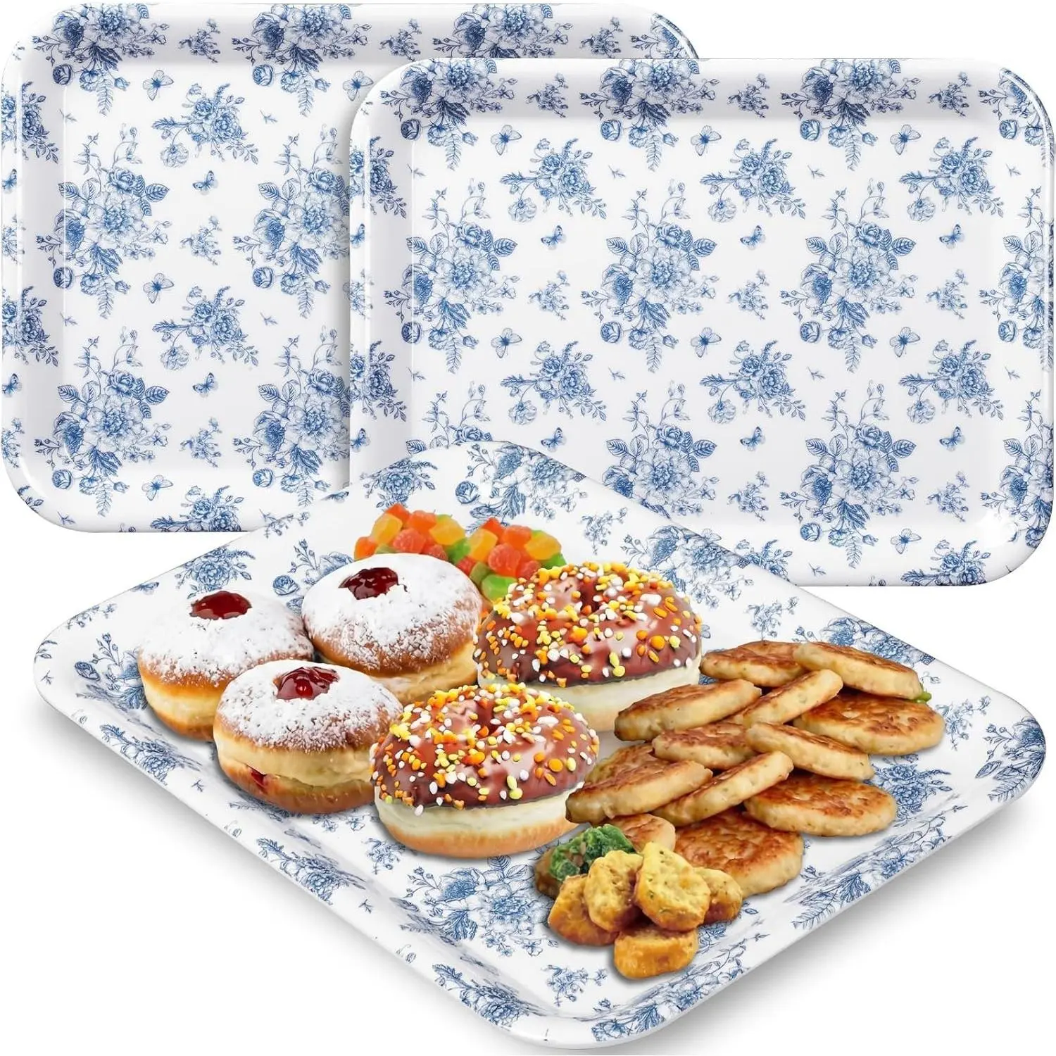 3 Pcs 13 x 10 Inch Blue Chinoiserie Floral Melamine Serving Trays, Reusable Rectangular Platters for Spring Wedding Bridal Tea Party, Ideal for Serving Snacks Fruit Dessert Candy