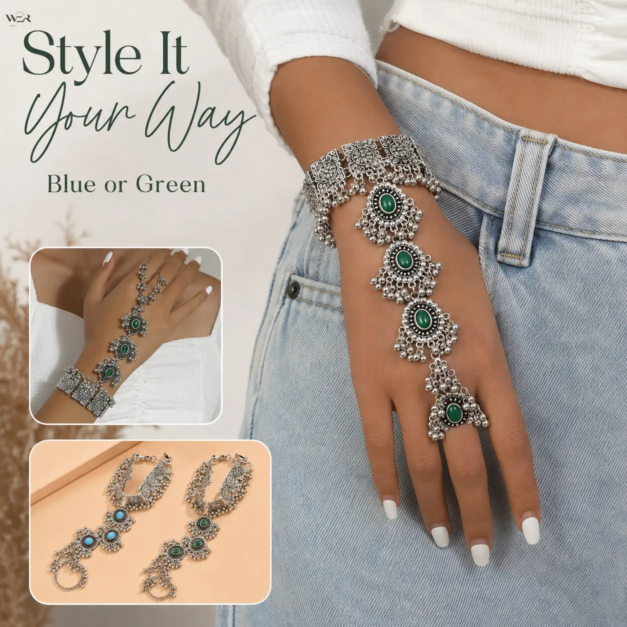 Women's Vintage Bohemian Blue Turquoise Resin Stone Hand Chain-Ring Combo - Antique Silver Carved Bell Tassel Slave Bracelet with Carved Retro Hollow Metal Panels, Combined Setting Adjustable Finger Ring Wrist Jewelry