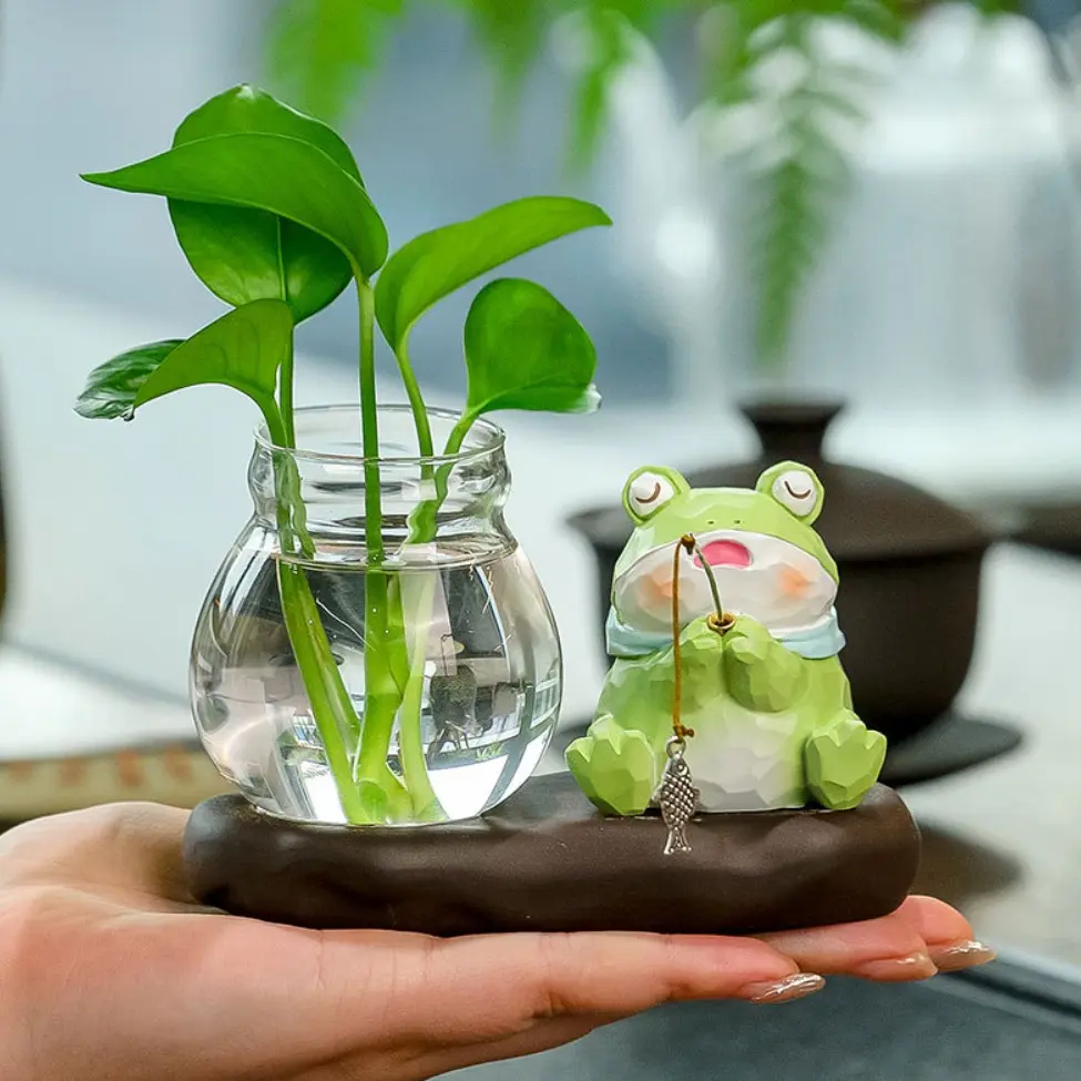 Cute Fish Tank Hydroponic Flower Pot, Ceramic Cat/frog/panda Decor, Office Culture Decorative Vase, Lazy Man Hydroponic Kit, Desk Healing Gift