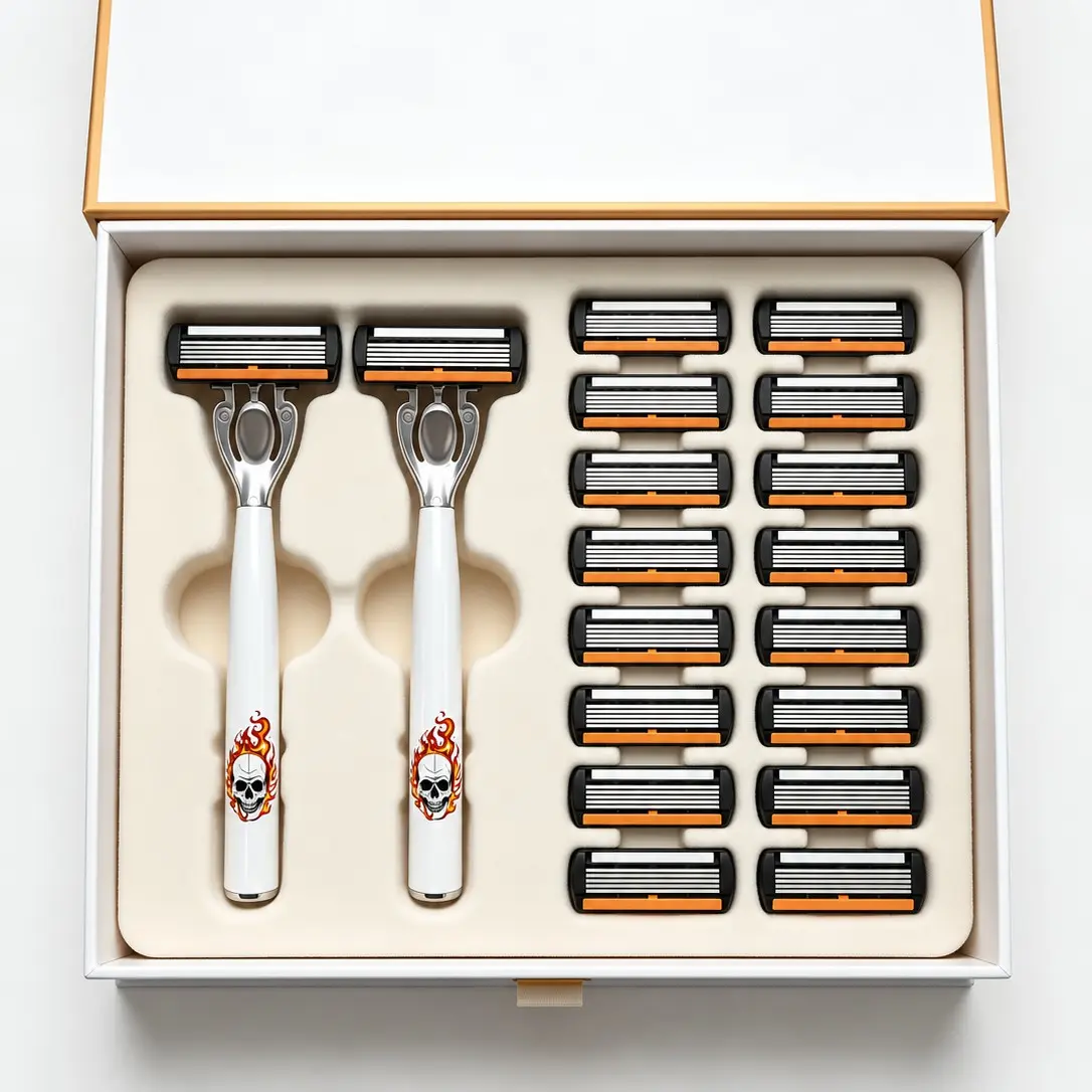Flame Skull Print Razor Set, 2 Handles + 18 Blades, 6-Layer Lubricated Blades, Non-Stick Manual Razor, Easy Clean, Halloween Gift, Daily Shaving Tool