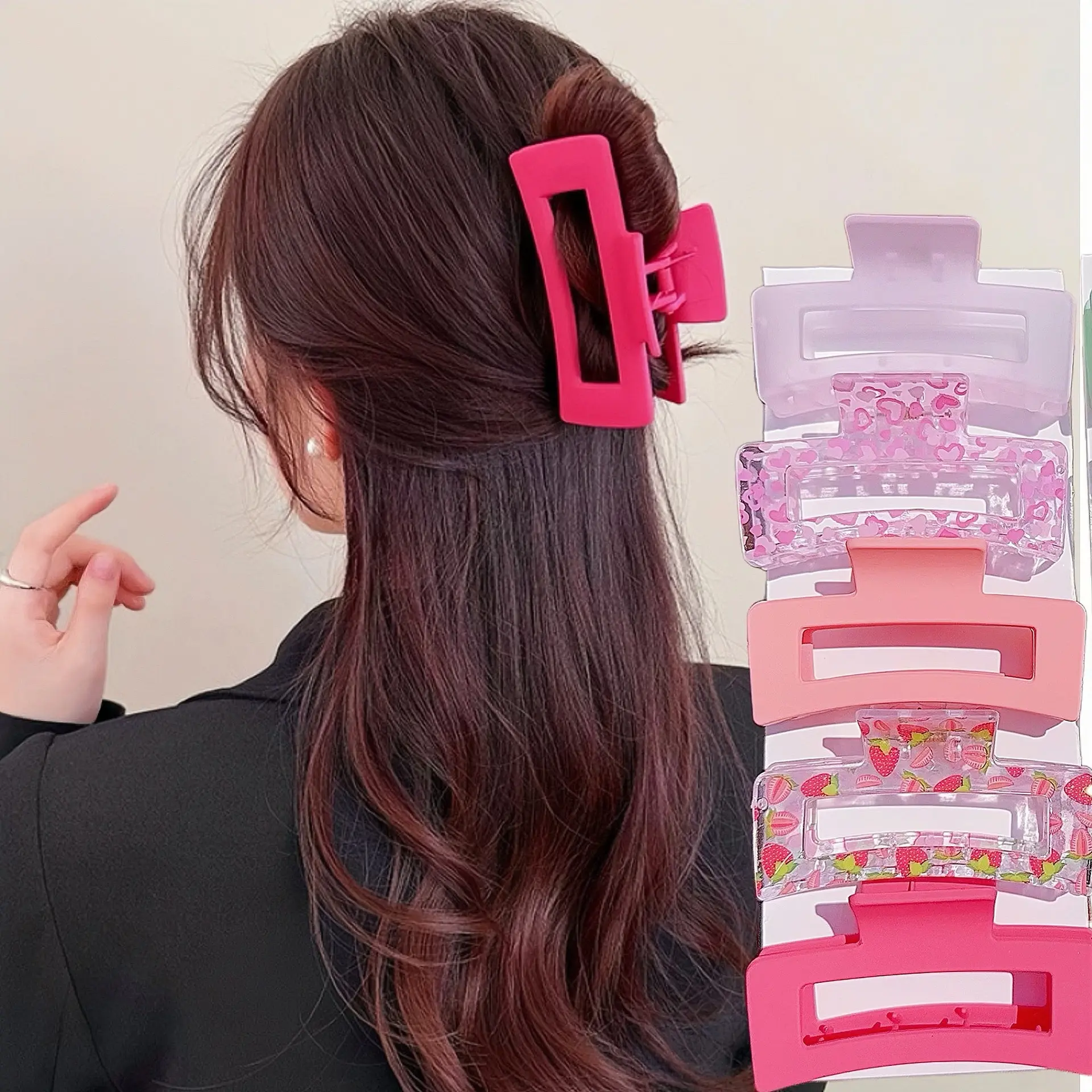 Cute Floral Print Hair Claw Clips 5PCS Set Large Non Slip Rectangular Hair Clips Strong Hold Jaw Clips for Thick Thin Hair Women Girls Sweet Pastel Color Hair Accessories for Daily Party and Casual Use