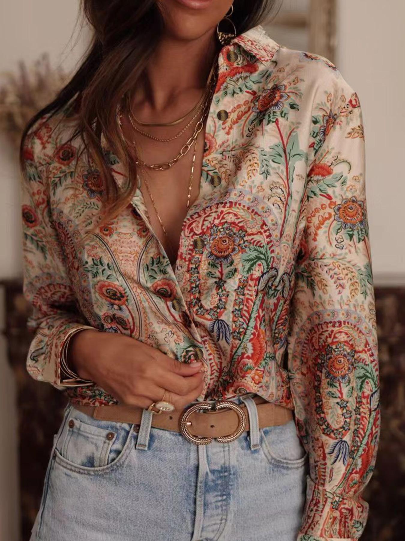 Women's All Over Print Fitted Blouse, Casual Classy Fashion Long Sleeve Button Closure Top for Daily Wear, Ladies Clothes for All Seasons, Shirts