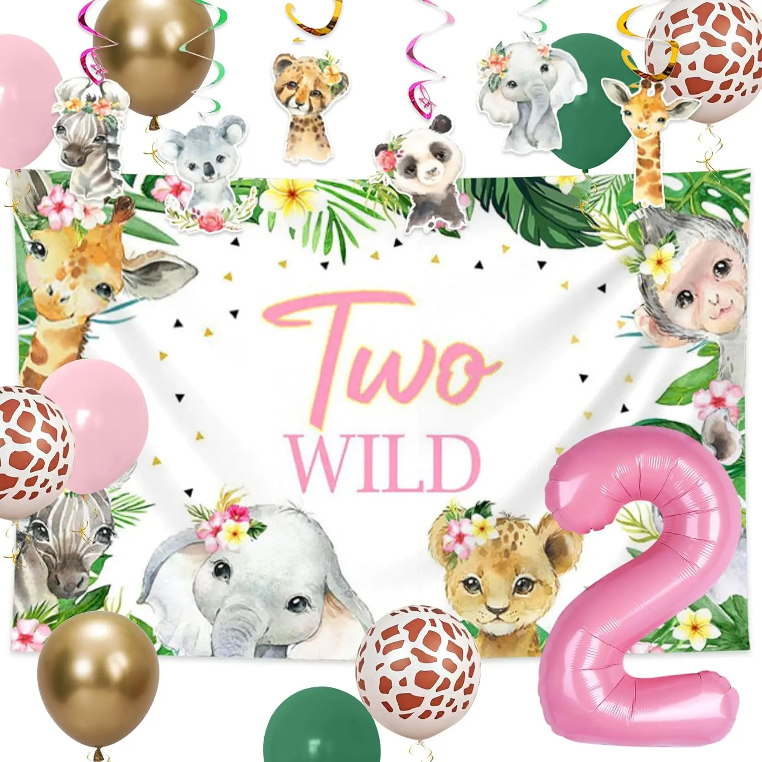 2 Wild Jungle Safari Theme 2nd Birthday Decorations Kit for Girls - Includes Balloon Animals, Backdrop & Festive Home Party Essentials