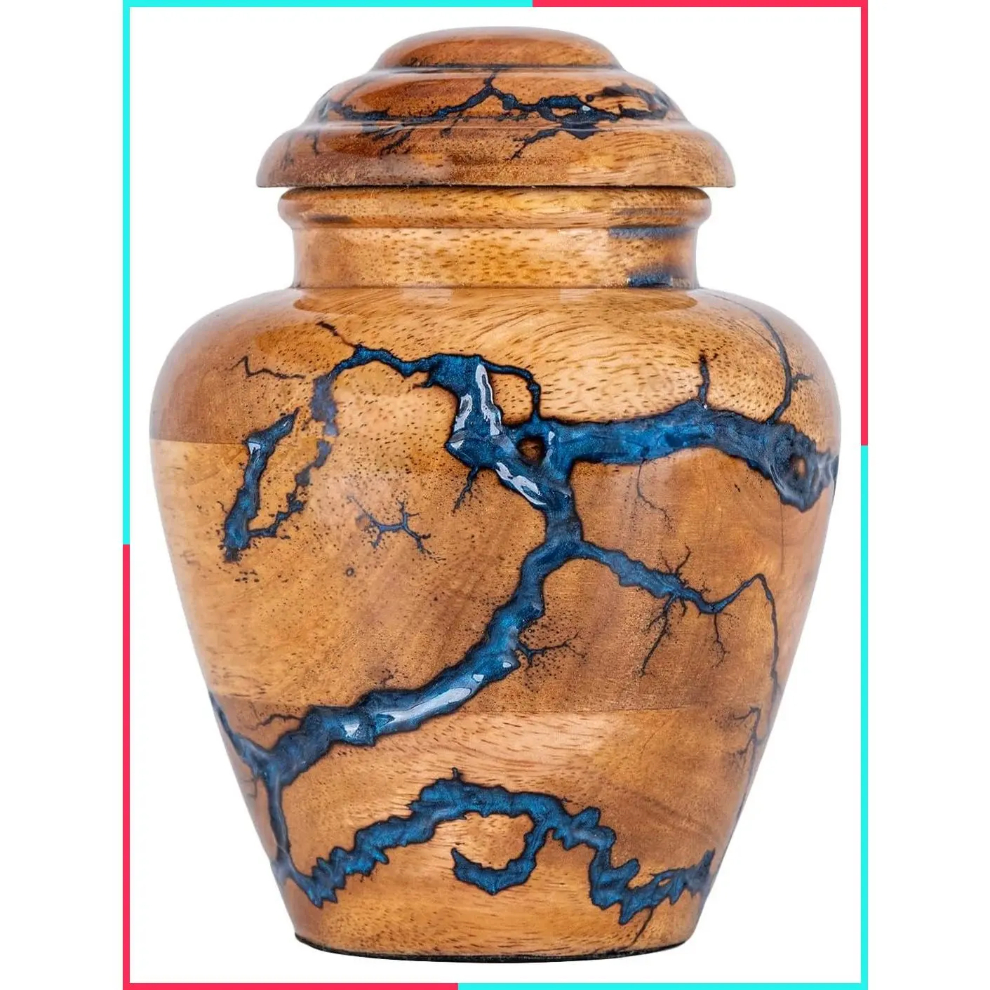 Small Handcrafted Wooden Keepsake Urn for Adult Human Ashes - Blue Decorative Mini Memorial Cremation Urn for Men & Women, 20 Cubic Inches, Perfect for Sharing Ashes