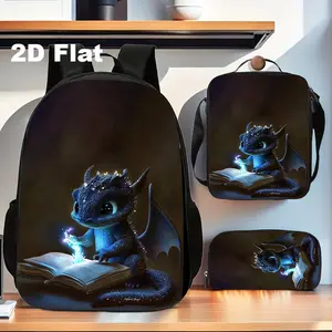 3-Piece Magic Reading Dragon Print Backpack Set - Durable school bags with matching lunchbox and pencil case, featuring fantasy creature designs, lightweight yet spacious, suitable for back-to-school/everyday use, and ideal for teenagers.