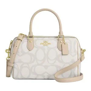 Coach Rowan Satchel 25 Handbag for Women, Metallic Logo Coated Canvas, Ivory
