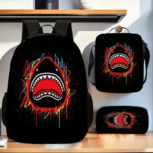 3pcs Portable Daily Casual Outing Graffiti Shark Mouth Print Backpack Lunch Bag and Pencil Case Set