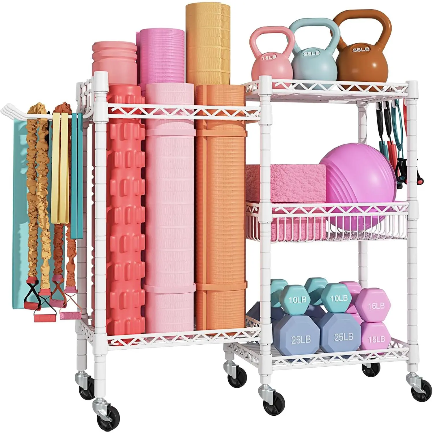 Gym Storage, 3 Tiers Workout Equipment Organizer with Wheels for Yoga Mats,  Roller, Dumbbells, Kettlebells, and Resistance Bands