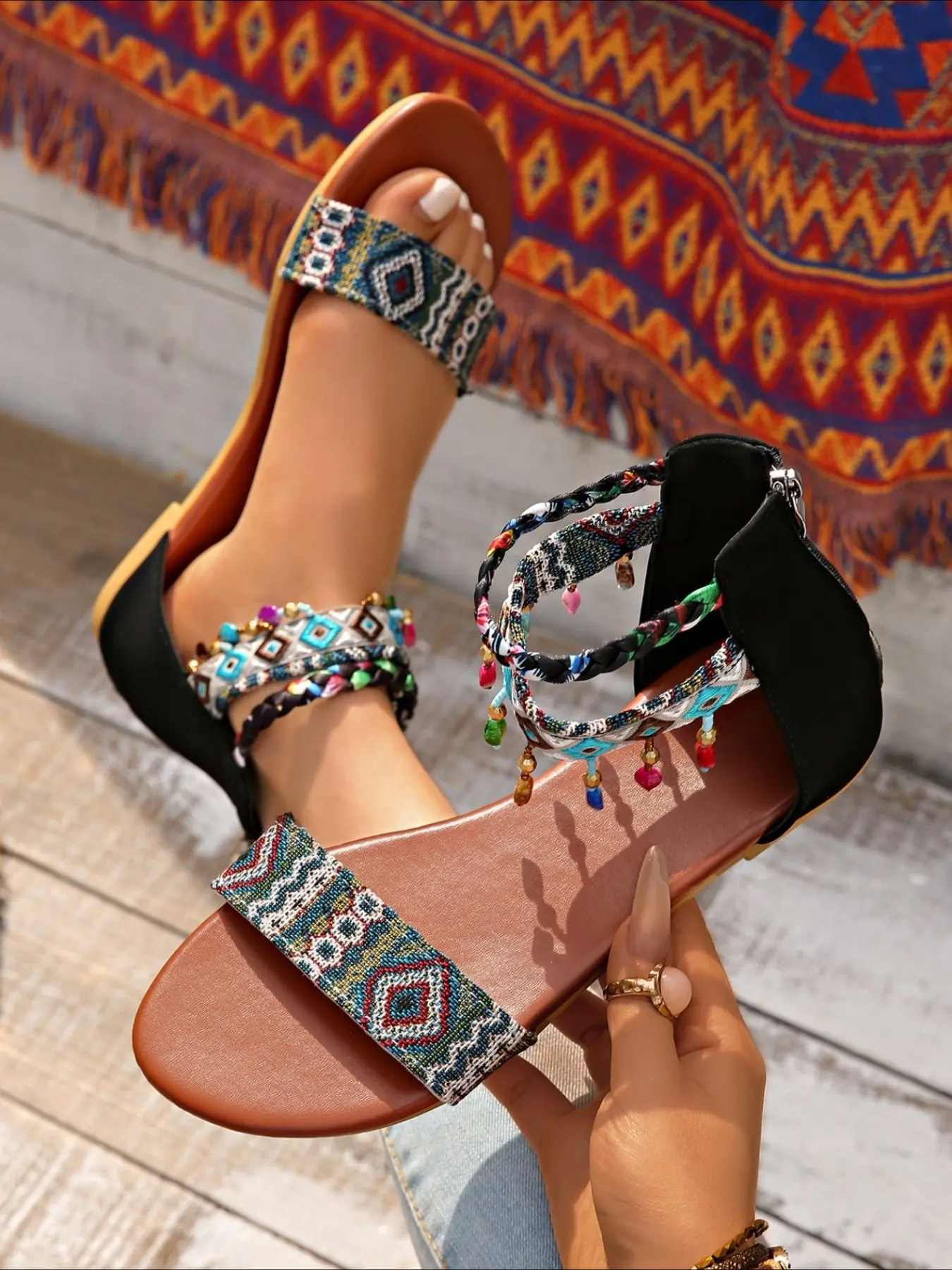 Women's Boho Ethnic Print Beaded Tassel Ankle Strap Flat Sandals, Side Zipper Open Toe Casual Shoes, Soft Anti-Slip Sole Footwear for Summer Beach Festival Daily Vacation Wear