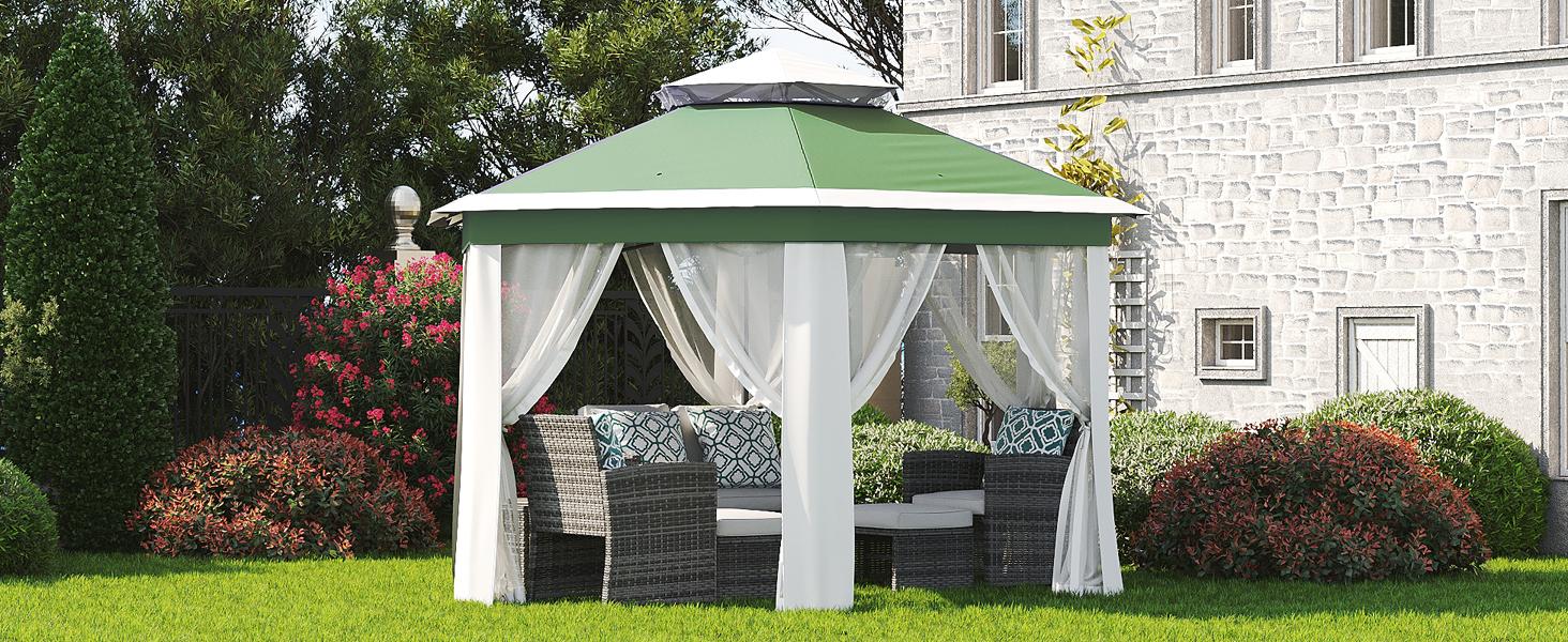 13x13FT Pop-Up Gazebo, Hexagonal Outdoor Canopy Tent with Mosquito Netting, Dual Vent Roof Awning with 6 Sided Sun Shelter, UV Resistant Height Adjustable for Patio, Backyard - Light Khaki + Beige