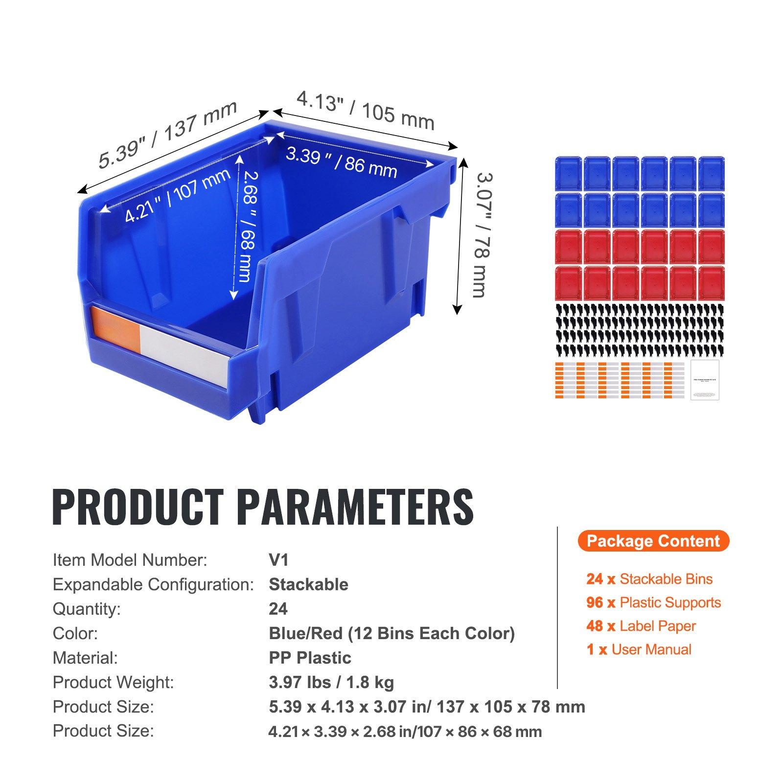 VEVOR Plastic Storage Bin, (5-Inch x 4-Inch x 3-Inch), Hanging Stackable Storage Organizer Bin, Blue/Red, 24-Pack, Heavy Duty Stacking Containers for Closet, Kitchen, Office, or Pantry Organization VEVOR Plastic Storage Bin, (5-Inch x 4-Inch x 3-Inch), Hanging Stackable Storage Organizer Bin, Blue/Red, 24-Pack, Heavy Duty Stacking Containers for Closet, Kitchen, Office, or Pantry Organization