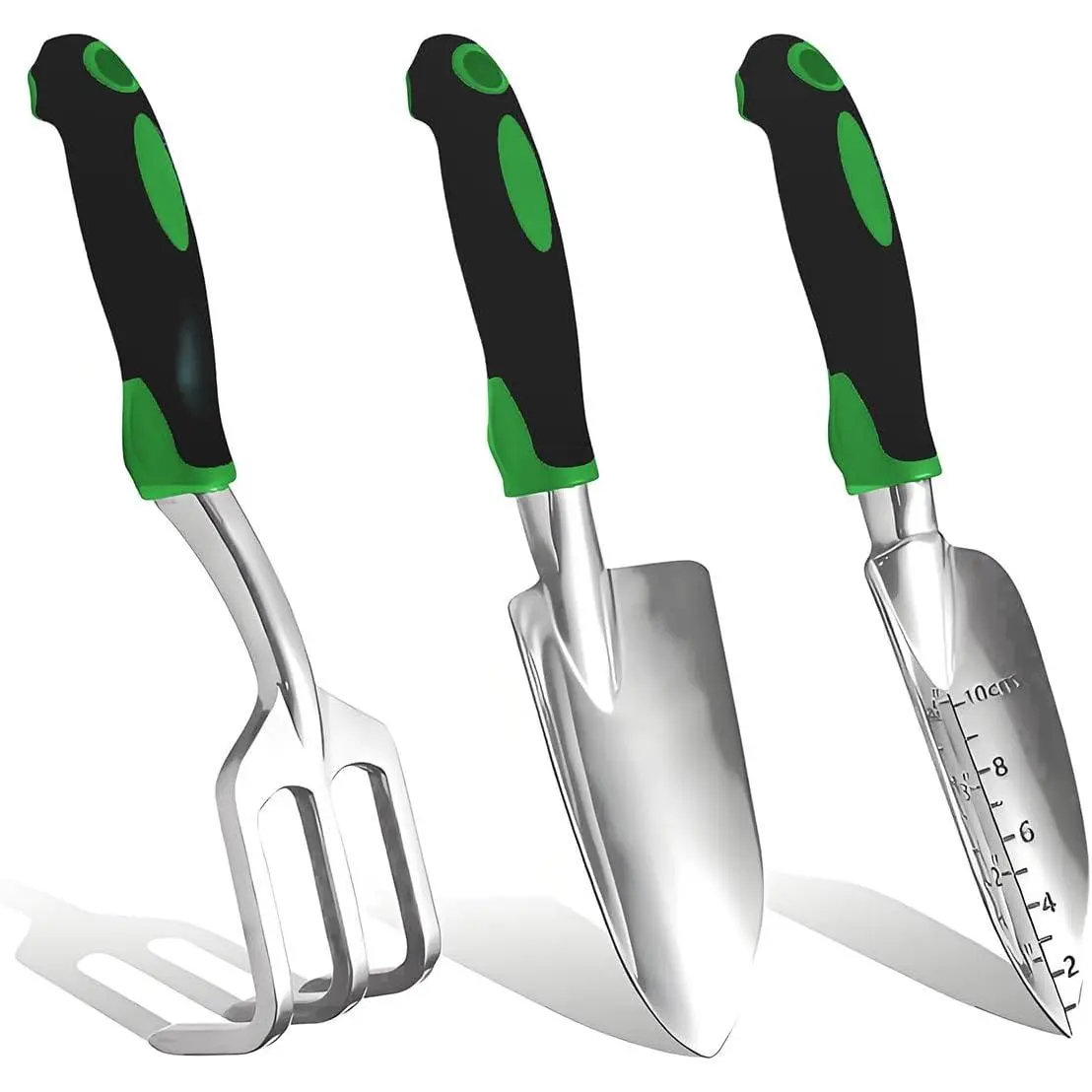 Garden Tools, Heavy Duty Cast-Aluminum Garden Tool Set with Hand Trowel, Transplant Trowel, Cultivator Rake, Soft Rubber Ergonomic Non-Slip Handle, Gardening for Home Gardeners (Basic Set (3 PCS))
