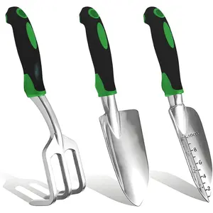 Garden Tools, Heavy Duty Cast-Aluminum Garden Tool Set with Hand Trowel, Transplant Trowel, Cultivator Rake, Soft Rubber Ergonomic Non-Slip Handle, Gardening for Home Gardeners (Basic Set (3 PCS))