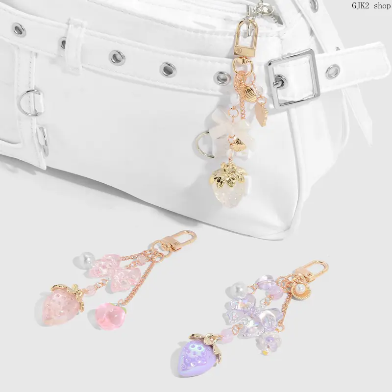Cute Transparent Strawberry Bow Keychain, Kawaii Beaded Bag Charm Aesthetic Backpack Pendant