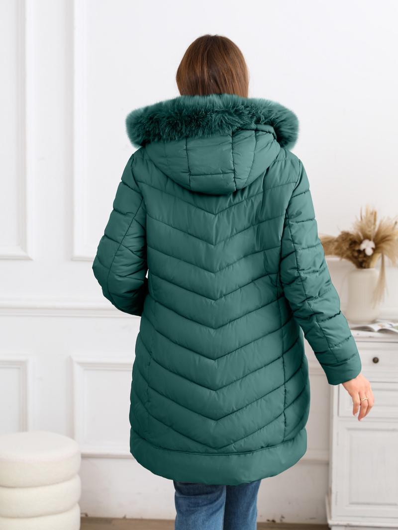 Women's Winter Elegant Simple Hooded Cotton Jacket, Mid-Length Fur Collar Zipper Pocket Coat, Commuter Casual Long Sleeve Outerwear