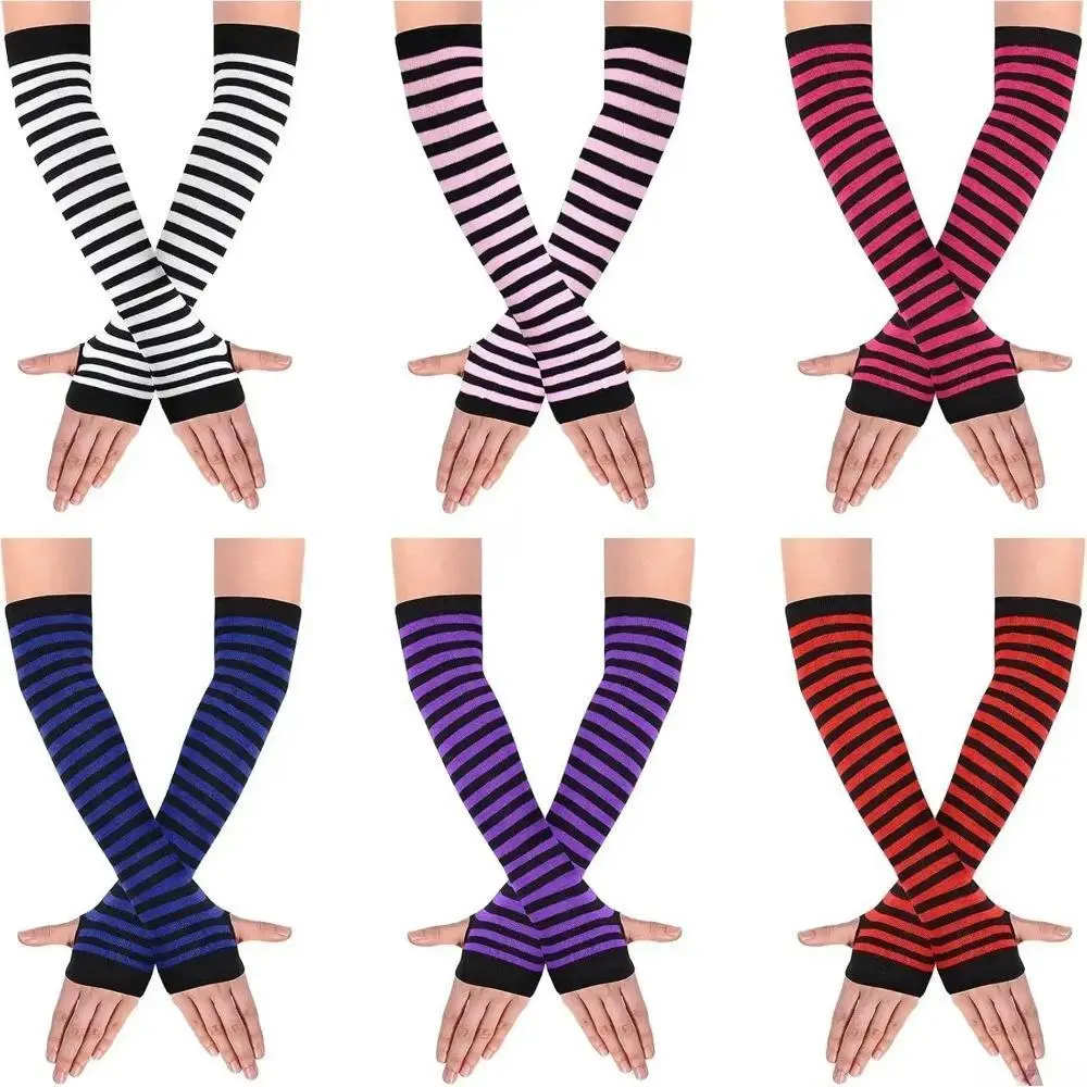 6 Pairs Women's Striped Fingerless Gloves, Long Knit Arm Warmers with Thumb Hole, Breathable Polyester with Elasticity for Christmas & Typing, Sufficient Quantity, Casual