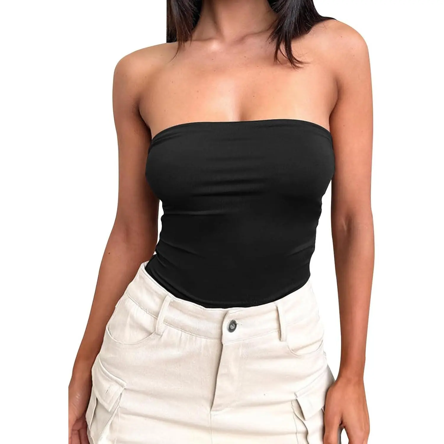 Women's Strapless Tube Bodysuit Double Lined Slim Fit Backless Thong Bodysuits Tops