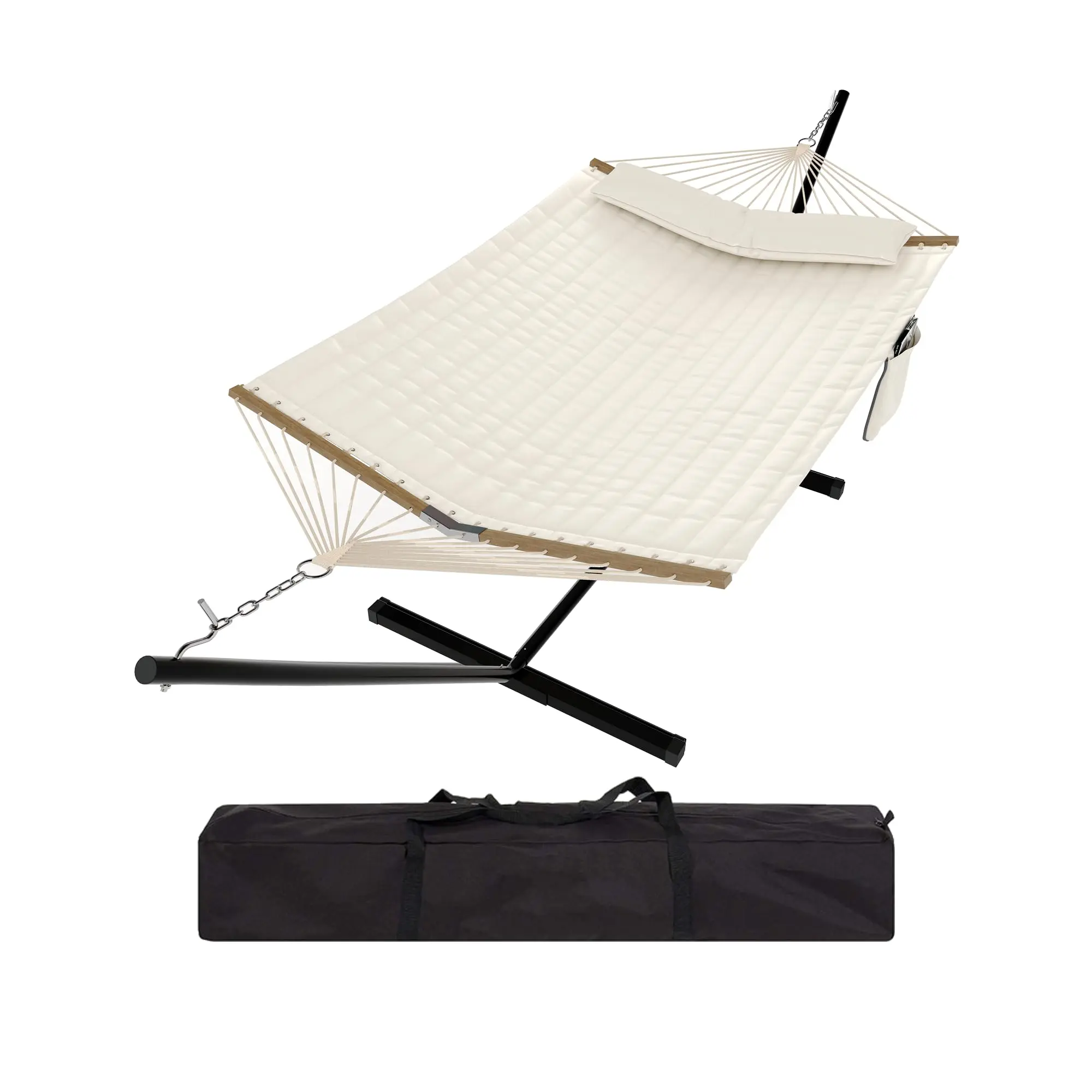 Gaomon 12FT Double Quilted Hammock with Heavy-Duty Steel Stand - Polyester-Cotton Blend, 450 lb Capacity, Weather-Resistant, Hardwood Spreader Bar, Tool-Free Setup, Carry Bag, Patio Swing Accessory