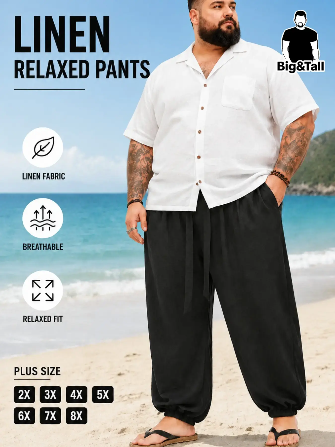 Plus Size Men's Wide Leg Loose Fit Casual Linen Pants, Vintage Style Long Trousers, Harlan Pants, Boho Fashion, All Season Wear, Bohemian Style Pants, Breathable Summer Pants, Bohemian Street Trousers