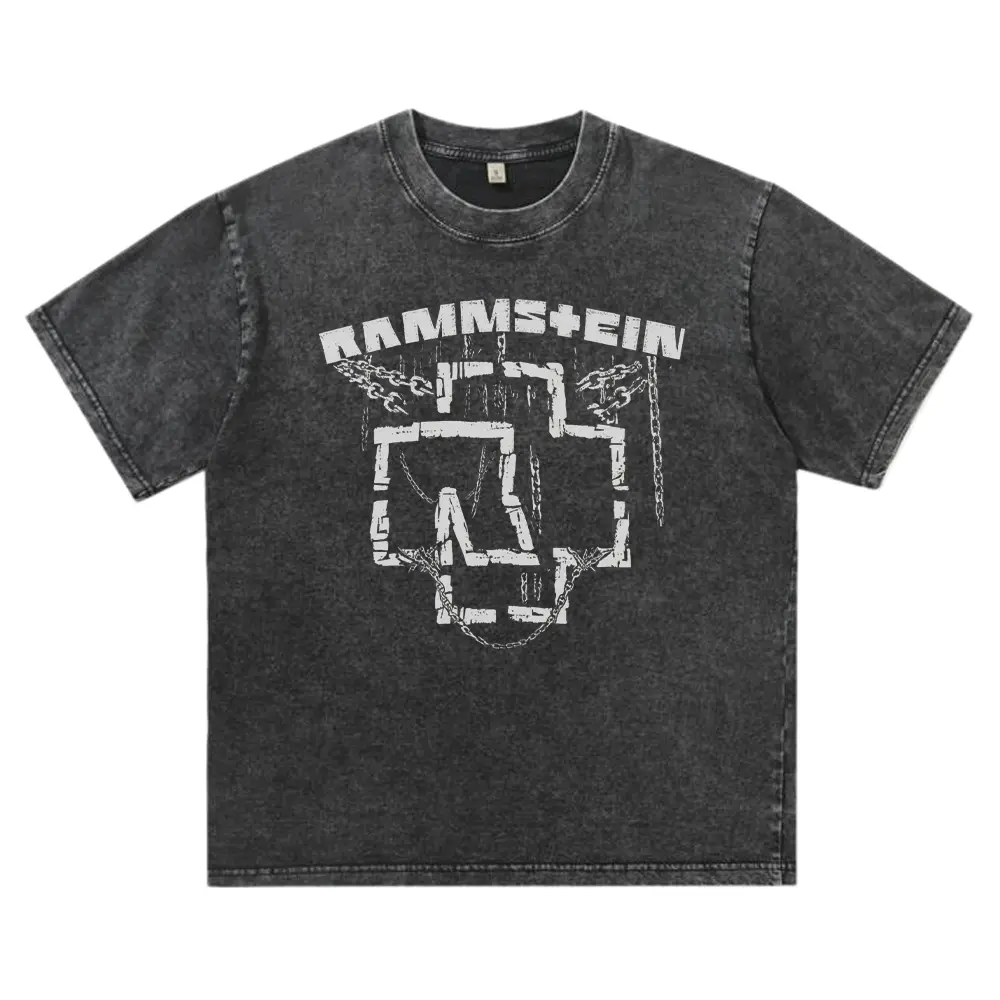 Oversized Acid Washed T-Shirts, Vintage Unisex Cotton Tee with Rammstein Industrial Graphic, Men's Street Wear Graphic Clothing, Trendy Washed Shirt for Everyday